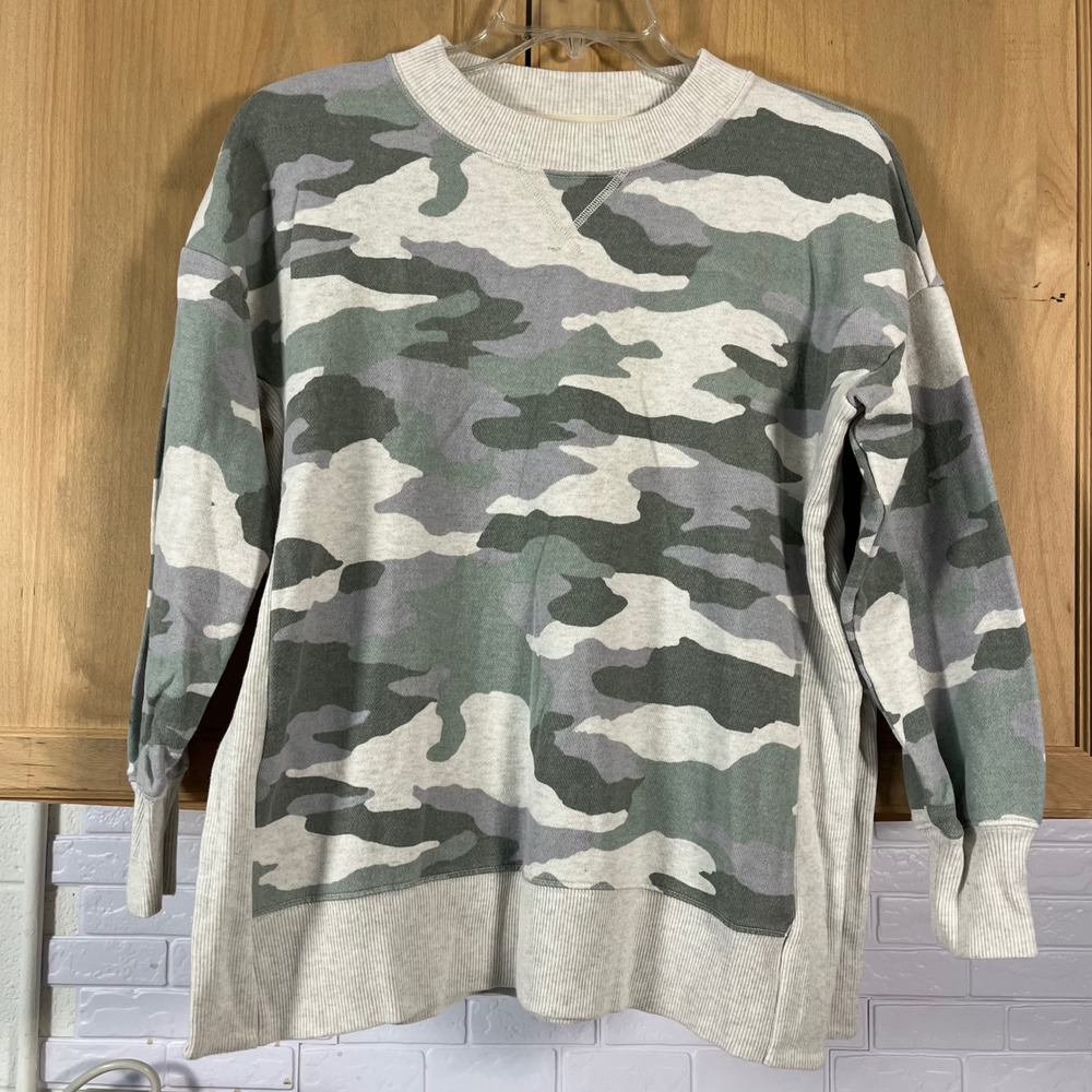 Aerie Sweatshirt Women Small Green Camo Ribbed Side Panel Pullover